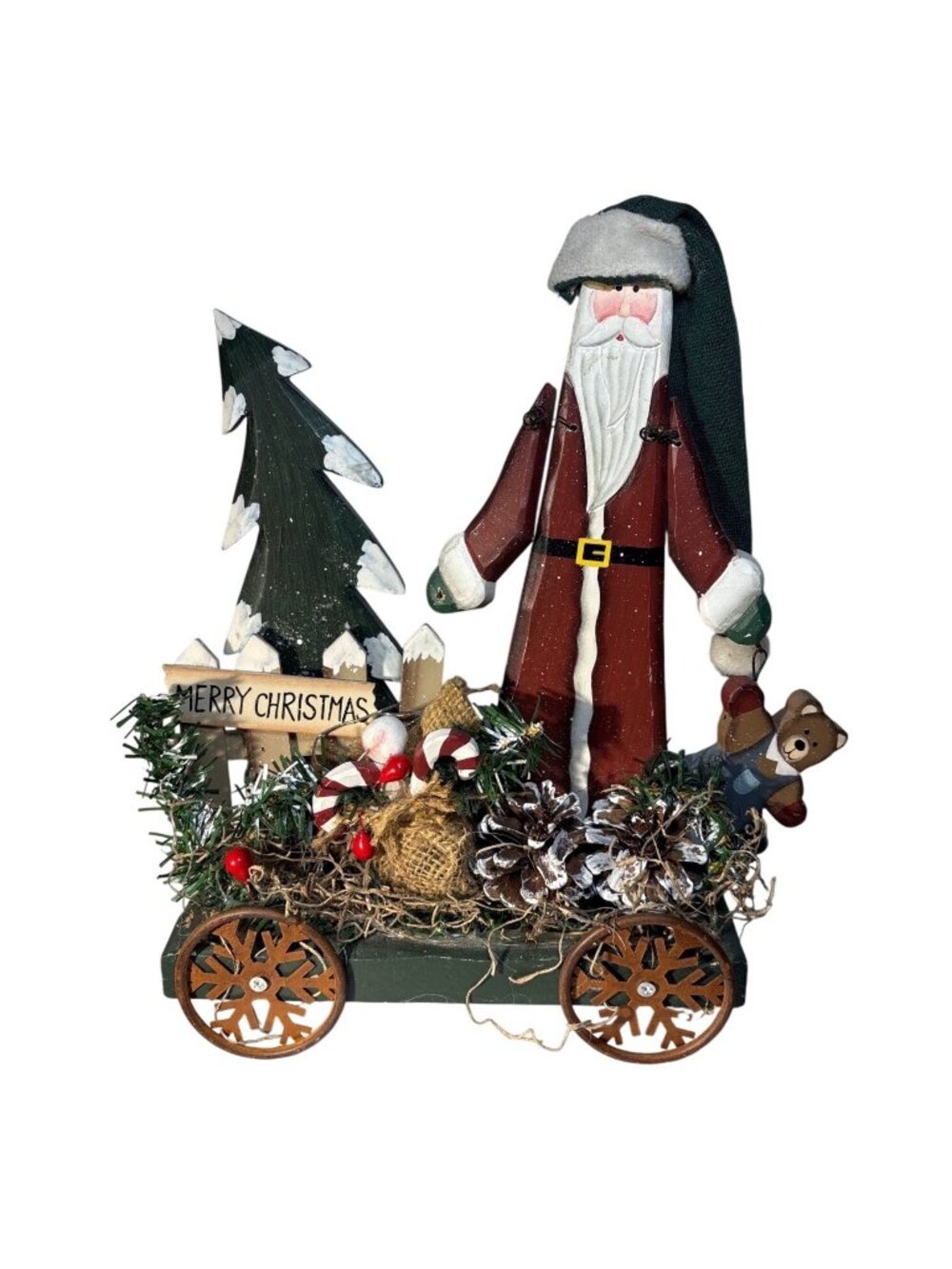 Santa & Tree Wooden Christmas Tabletop Decoration Cart W/ Wheels Rustic 8 x 11"